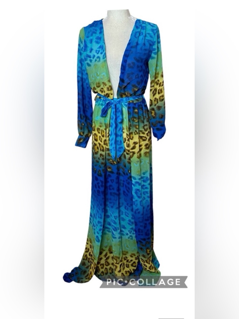 Moda Minx Dress Turquoise Leopard Print Long Sleeve Split Hem Maxi Size Small - Picture 3 of 10